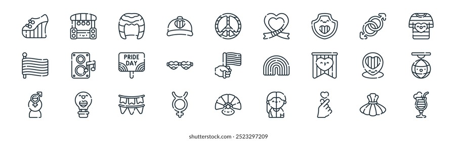 linear world pride day icon pack. vector thin line dress, stage, wig, gay, glasses, disco ball, fan, cocktail icons suitable for apps and websites ui designs