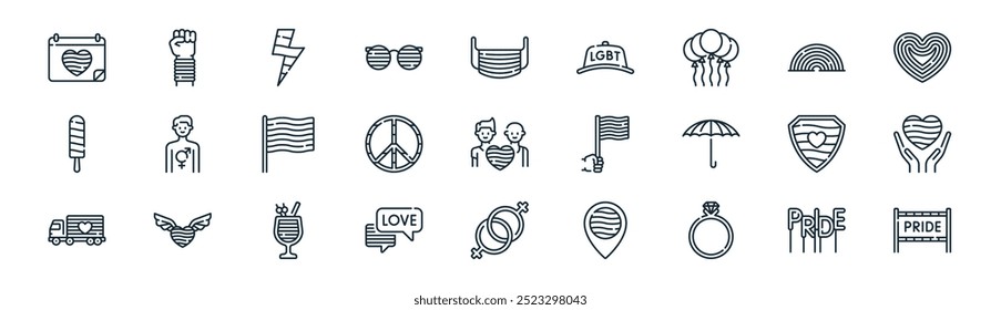 linear world pride day icon pack. vector thin line balloons, fist, lightning, rainbow, peace, heart, lesbian, banner icons suitable for apps and websites ui designs