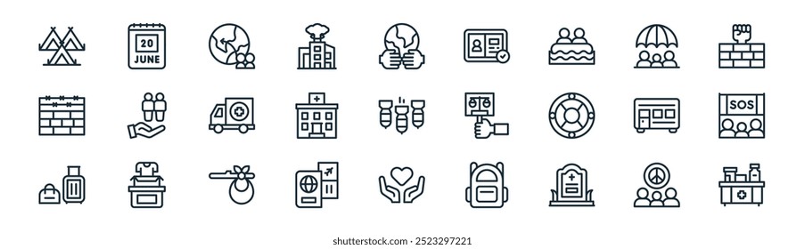 Linear World Refugee Day Icon Pack Vector Thin Line Peace, Calendar, Transition, Social Security, Hospital, SOS, Heart, Medds Iconos Adecuado para App y Sitios web Diseños UI