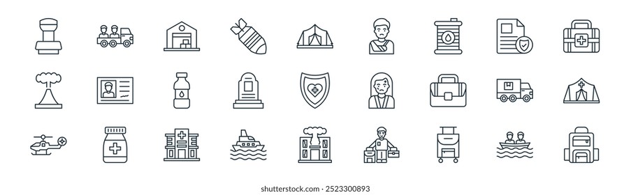 linear world refugee day icon pack. vector thin line boat, pickup truck, warehouse, approved, rip, refugee camp, war, backpack icons suitable for apps and websites ui designs