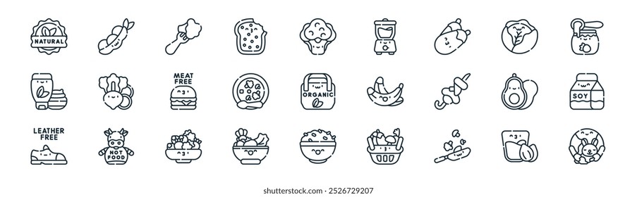 linear world vegetarian day icon pack. vector thin line almond milk, peas, broccoli, cabbage, soup, soy milk, rice, eco icons suitable for apps and websites ui designs