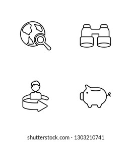 Linear Worldwide, Rotation, Binoculars, Piggy bank Vector Illustration Of 4 outline Icons. Editable Pack Of Worldwide, Rotation, Binoculars, Piggy bank
