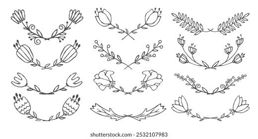 Guirnaldas lineales dibujando, bordes florales botánicos. Vector conjunto de Elementos de novia invitación 