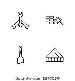 Linear Wrench, Paint brush, Brick wall, Set square Vector Illustration Of 4 outline Icons. Editable Pack Of Wrench, Paint brush, Brick wall, Set square
