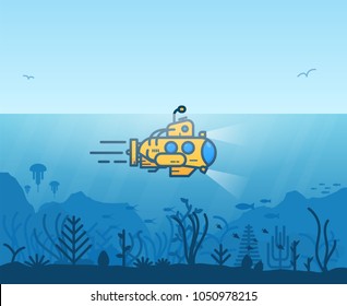 Linear yellow submarine swimming under the ocean with periscope. Underwater inhabitants. Underwater ocean scene. Deep blue water, coral reef and sea plants and fish. Modern line illustration.