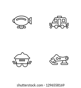 Linear Zeppelin, Wagon, Caravan, Snowmobile Vector Illustration Of 4 outline Icons. Editable Pack Of Zeppelin, Wagon, Caravan, Snowmobile