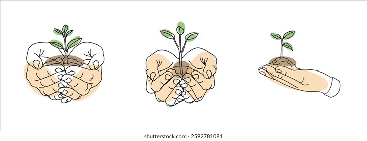 Linear-style representation of spring featuring budding green sprouts. This vector illustration, adorned with colorful spots, is suitable for banners, social media, and card applications