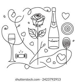 Linear-style Valentine's Day sketch featuring champagne glasses, roses, hearts, and candy patterns, celebrating love in a minimalist design