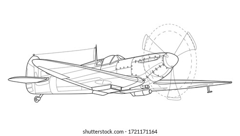 Lineart adult military aircraft coloring page for book and drawing. Airplane. Vector illustration. Vehicle. Graphic element. Plane. Black contour sketch illustrate Isolated on white background.