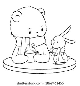 Lineart of the bear and the rabbit drink hot chocolate together. Illustration for children. Winter concept, love, and friendship.