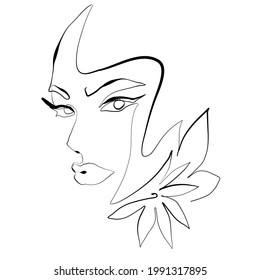 lineart, beautiful woman face and a flower vector illustration. continuous line