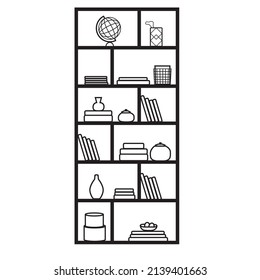 lineart bookshelf editable vector on white background. black and white bookshelves easy editable vector.