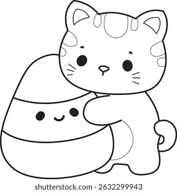 Lineart de um bando de gato bonito com várias atividades.
Contorno de kawaii animal kitty para scrapbook e adesivo.
esboço de gatinho abraçando um doce
