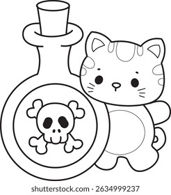 Lineart de um bando de gato bonito com várias atividades.
Contorno de kawaii animal kitty para scrapbook e adesivo.
contorno de gatinho trazer uma poção preta
