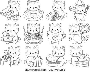 Lineart of a bunch of cute cat with various activities.
Outline of kawaii animal kitty for scrapbook and sticker. Outline of kitten in the variation of junk food and snack food.