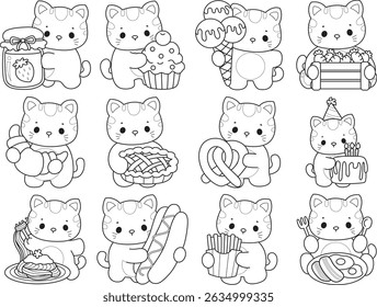 Lineart de um bando de gato bonito com várias atividades.
Contorno de kawaii animal kitty para scrapbook e adesivo. Contorno do gatinho na variação de fast food e comida de rua.