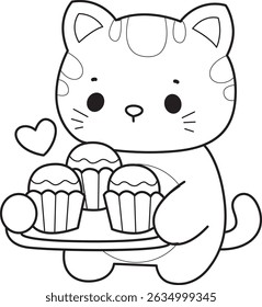Lineart of a bunch of cute cat with various activities.
Outline of kawaii animal kitty for scrapbook and sticker.
outline of kitten bring a three of cupcakes
