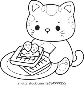 Lineart de um bando de gato bonito com várias atividades.
Contorno de kawaii animal kitty para scrapbook e adesivo.
esboço de gatinho trazer um pão de morango
