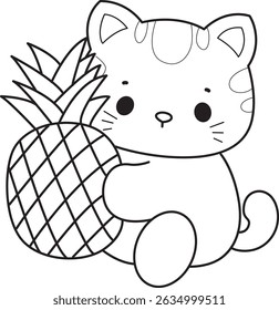 Lineart de um bando de gato bonito com várias atividades.
Contorno de kawaii animal kitty para scrapbook e adesivo.
esboço de gatinho trazer um abacaxi
