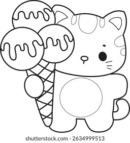 Lineart de um bando de gato bonito com várias atividades.
Contorno de kawaii animal kitty para scrapbook e adesivo.
esboço de gatinho trazer uma colher três de sorvete
