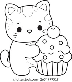 Lineart de um bando de gato bonito com várias atividades.
Contorno de kawaii animal kitty para scrapbook e adesivo.
esboço de gatinho trazer um cupcake cremoso
