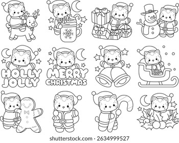 Lineart of a bunch of cute cat with various activities.
Outline of kawaii animal kitty for scrapbook and sticker. Outline of merry christmas by santa kitten. 