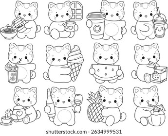 Lineart of a bunch of cute cat with various activities.
Outline of kawaii animal kitty for scrapbook and sticker.
