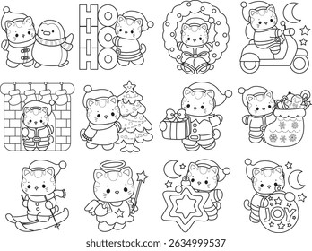 Lineart of a bunch of cute cat with various activities.
Outline of kawaii animal kitty for scrapbook and sticker. Outline of kitten with variation of christmas party. 