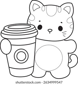 Lineart de um bando de gato bonito com várias atividades.
Contorno de kawaii animal kitty para scrapbook e adesivo.
esboço de gatinho trazer uma xícara de café
