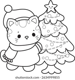 Lineart of a bunch of cute cat with various activities.
Outline of kawaii animal kitty for scrapbook and sticker.
outline of Santa kitten bring a Christmas tree

