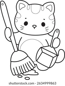 Lineart of a bunch of cute cat with various activities.
Outline of kawaii animal kitty for scrapbook and sticker.
outline of kitten cleaning the floor with broom and duster
