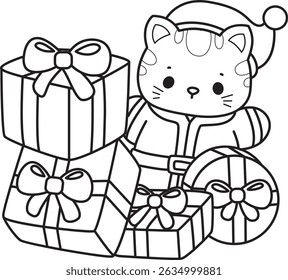 Lineart of a bunch of cute cat with various activities.
Outline of kawaii animal kitty for scrapbook and sticker.
outline of Santa kitten with a lot of gift box
