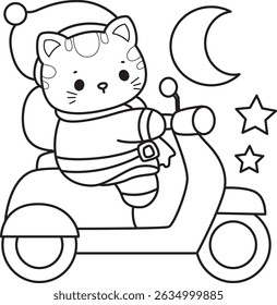Lineart of a bunch of cute cat with various activities.
Outline of kawaii animal kitty for scrapbook and sticker.
outline of Santa kitten with scooter

