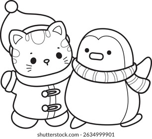 Lineart of a bunch of cute cat with various activities.
Outline of kawaii animal kitty for scrapbook and sticker.
outline of Santa kitten with penguin