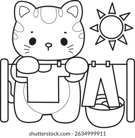 Lineart de um bando de gato bonito com várias atividades.
Contorno de kawaii animal kitty para scrapbook e adesivo.
contorno de gatinho seco e limpar as roupas sob o sol
