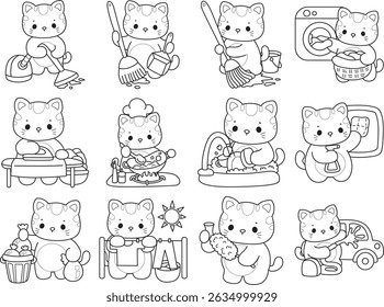 Lineart de um bando de gato bonito com várias atividades.
Contorno de kawaii animal kitty para scrapbook e adesivo. Contorno do gatinho na variação de tarefas e serviço de limpeza. 