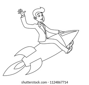 Lineart businessman ship space rocket business startup cartoon design vector illustration
