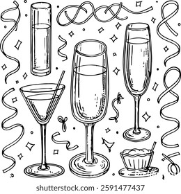 Line-art of celebratory elements: glasses, drinks, ribbons, and a dessert, in a festive arrangement.