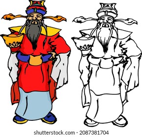 Lineart of the Chinese God of Fortune holding a gold nugget for Chinese New Year concept. Hand drawn vector illustration.