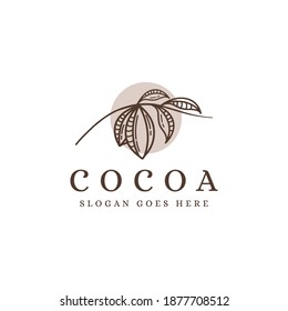 Lineart cocoa branch logo, cocoa bean, cocoa plant logo icon vector template on white background