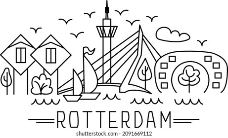 Line-art contour illustration of Rotterdam, the Netherlands in vector. Stylized abstract silhouette of the city. Simple outline for cards, banner and souvenir print. Blackline on a transparent ground