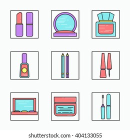 Lineart cosmetics icons - lipstick, rouge, lip gloss, nail polish, eye pencil, liner, eye shadows, face cream and mascara. 