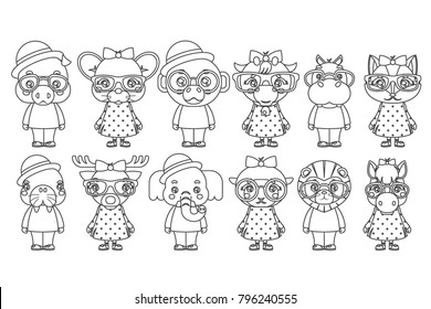 Lineart cute animal boy girl cubs mascot children cartoon icons set coloring book design vector illustration