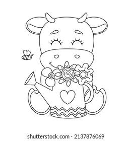 Lineart of cute bull with watering can inside which is bouquet of flowers. Bull sniffs flowers. Vector illustration for kids colouring book.