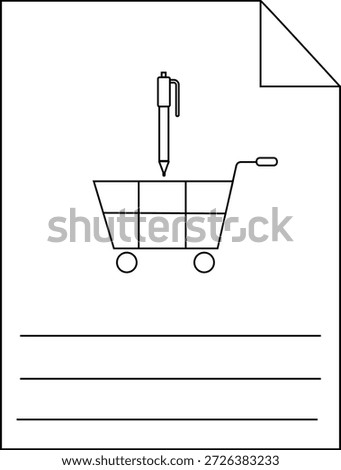 Lineart depicts pen hovering over cart papers corner turned down three lines below imply space for writing
