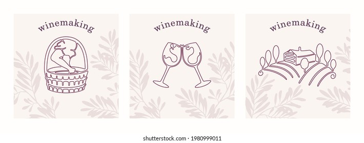 
Lineart design label for winemaking. Modern minimalistic style. Contemporary outline art. Vector templates 