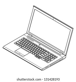 Line-art detailed isometric drawing of a full featured mobile workstation or gaming laptop computer. Expanded paths. No fills.