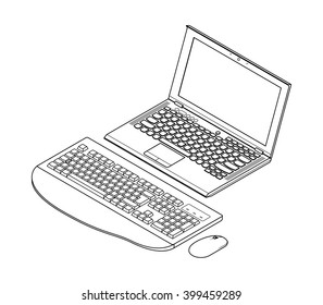 Line-art detailed isometric drawing of a laptop computer. With an external wireless full size keyboard (European layout) and mouse.