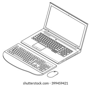 Line-art detailed isometric drawing of a laptop computer. With an external wireless full size keyboard and mouse.