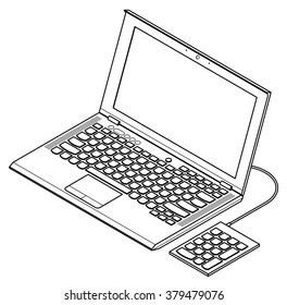 Line-art detailed isometric drawing of a mainstream business laptop computer. With an external USB numeric keypad.